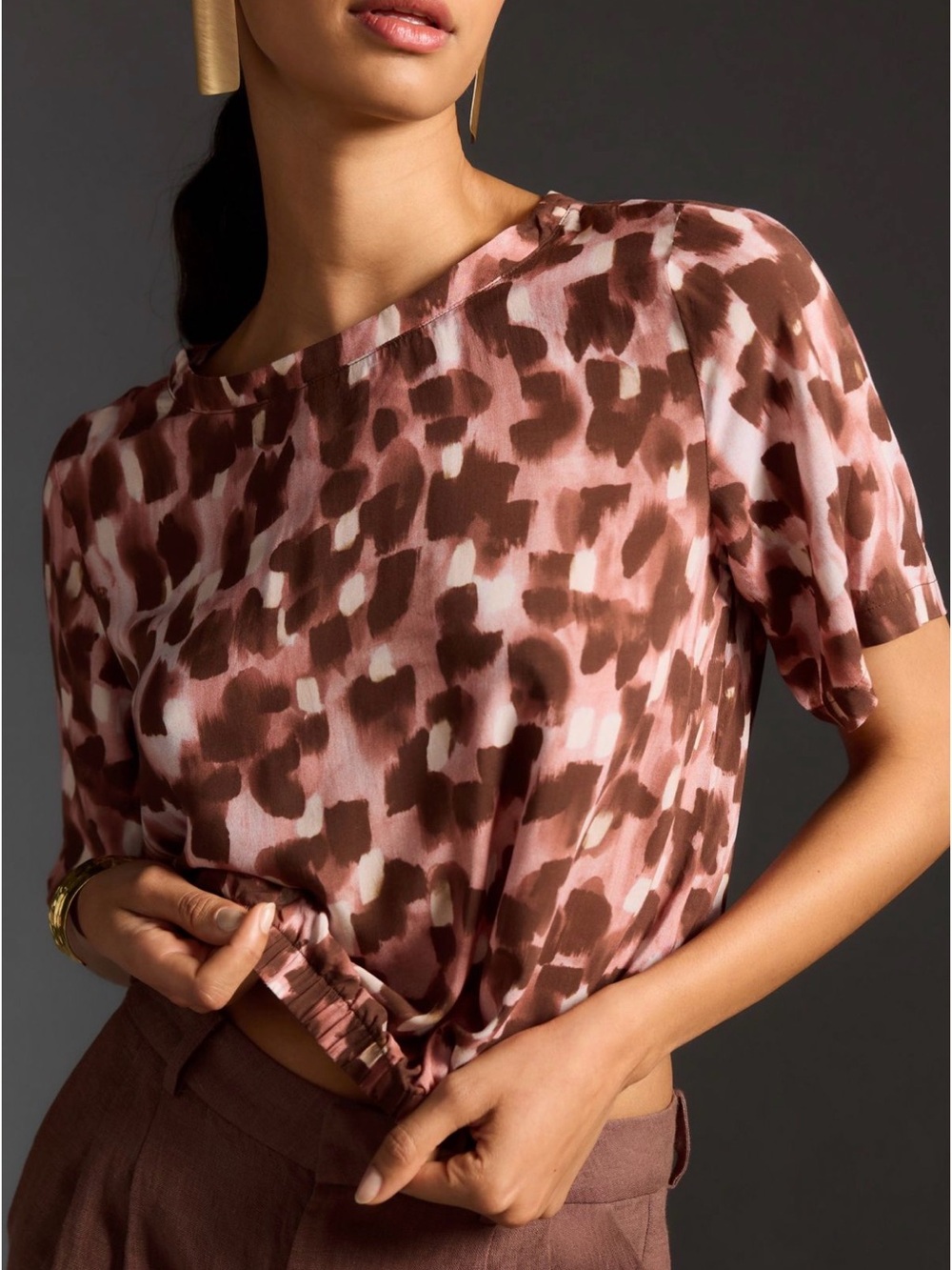 Anthropologie Short-Sleeve Abstract Print Top in Pink and Brown